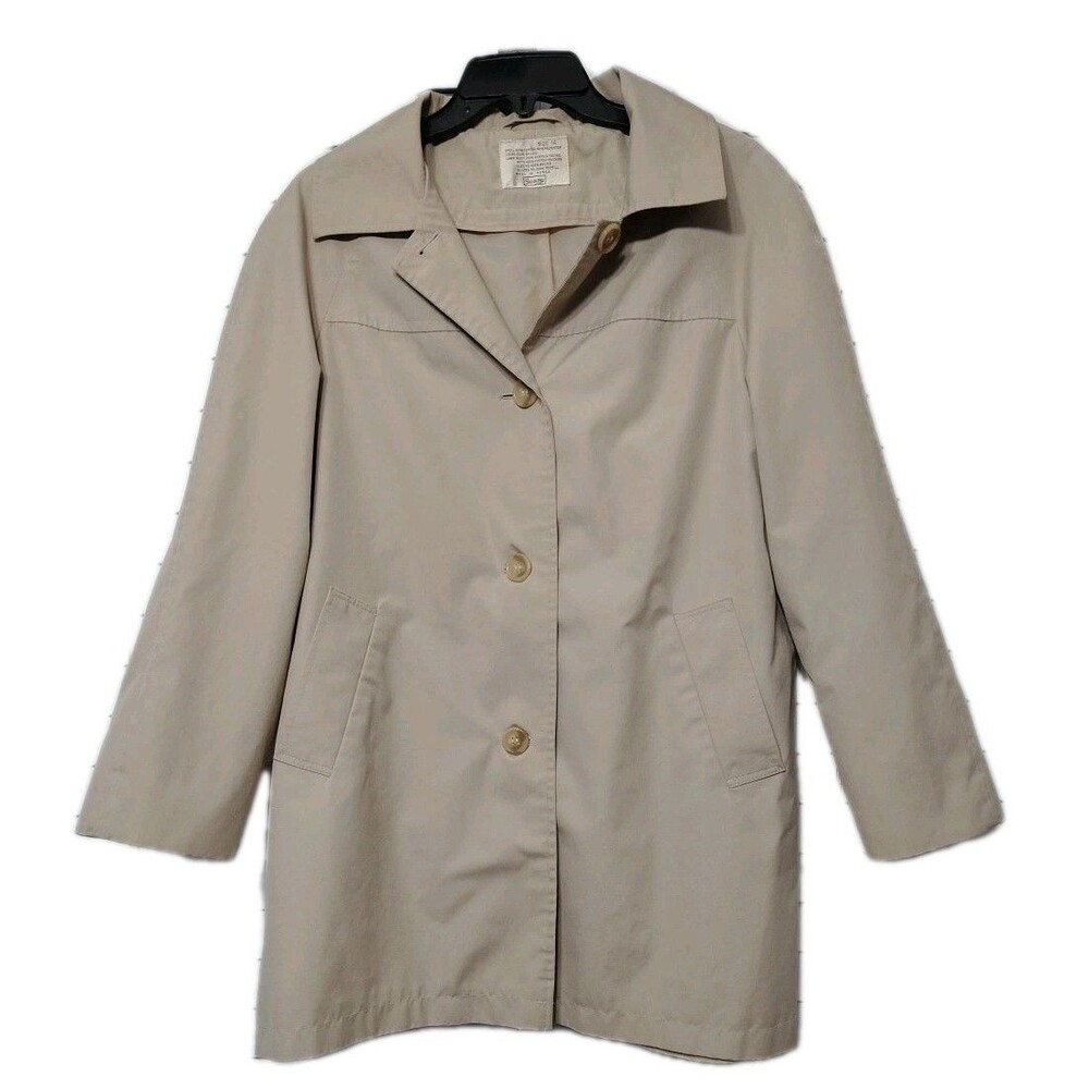 Vintage Sears 70s Beige Long Trench Coat Women's Sz 14 Button Lined W/ Pockets